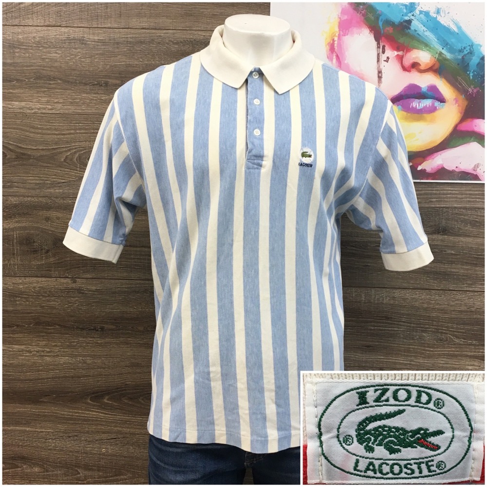 Vintage Izod Lacoste Mens XL Polo Shirt Blue White Striped Short Sleeve Cotton